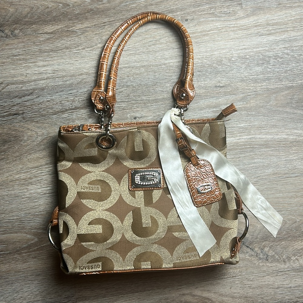Gussaci Tan and Brown Logo Shoulder Bag
